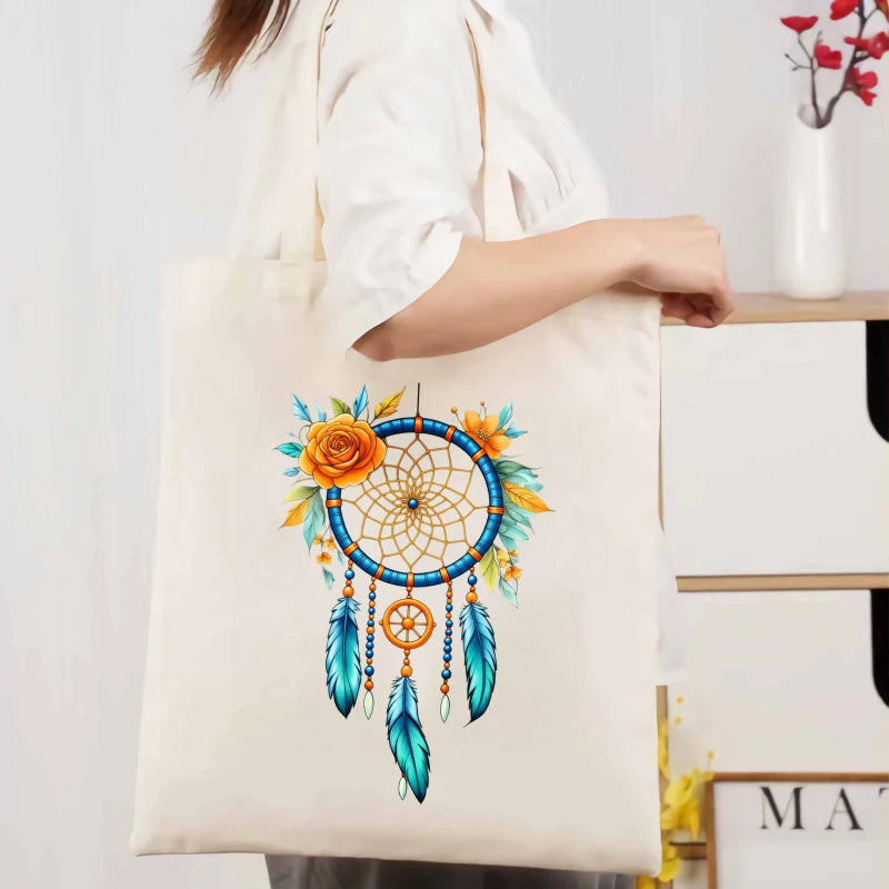 sac cabas toile dreamcatcher motifs fleurs plumes bohème ethnique réutilisable écologique multicolore orange jaune