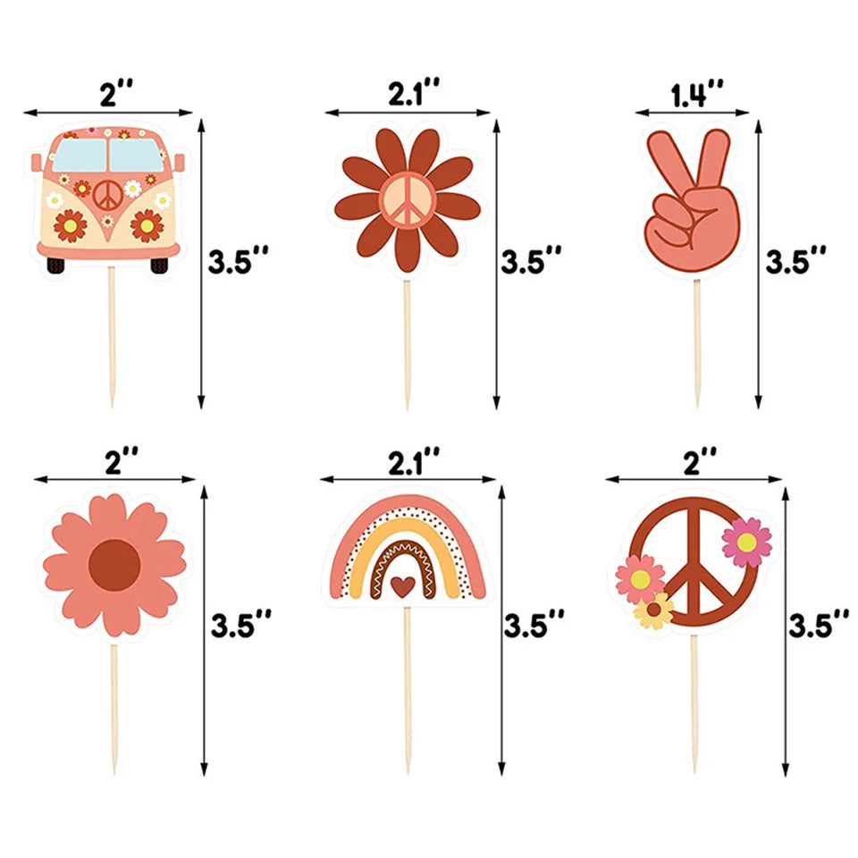 picks cupcakes fleurs paix arc ciel bus rouge orange beige jaune vert bleu vintage
