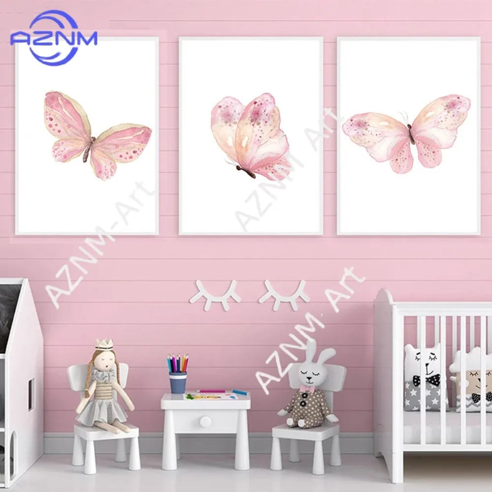 tableau peinture aquarelle papillon rose fleurs décoration chambre enfant cadre bois artiste