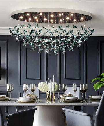 Suspension lumineuse moderne fleurs papillons translucides vert bleu blanc dimmable élégante