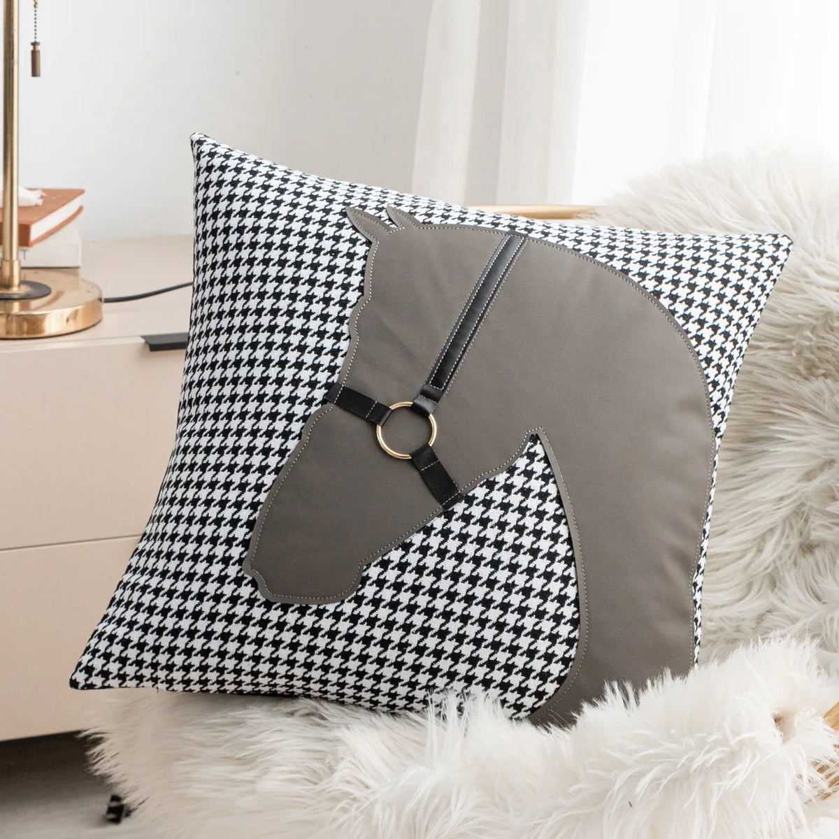 taies d'oreiller houndstooth gris noir contemporain brodé respectueux environnement 45x45cm decoration chambre coucher