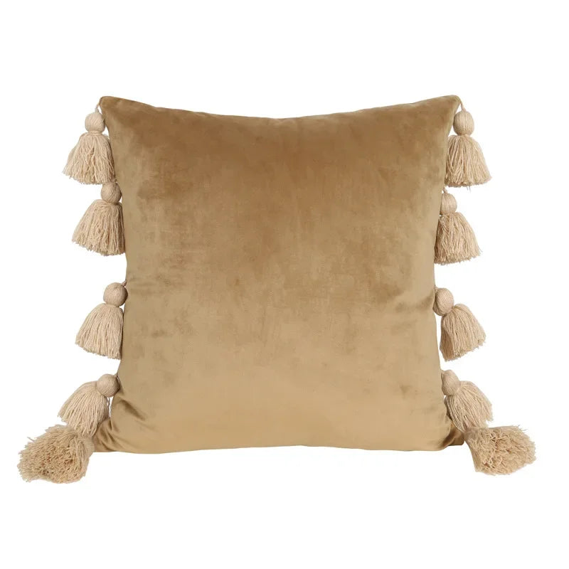 housse coussin velours moderne bohème couleur unie pompon décoratif 45x45cm