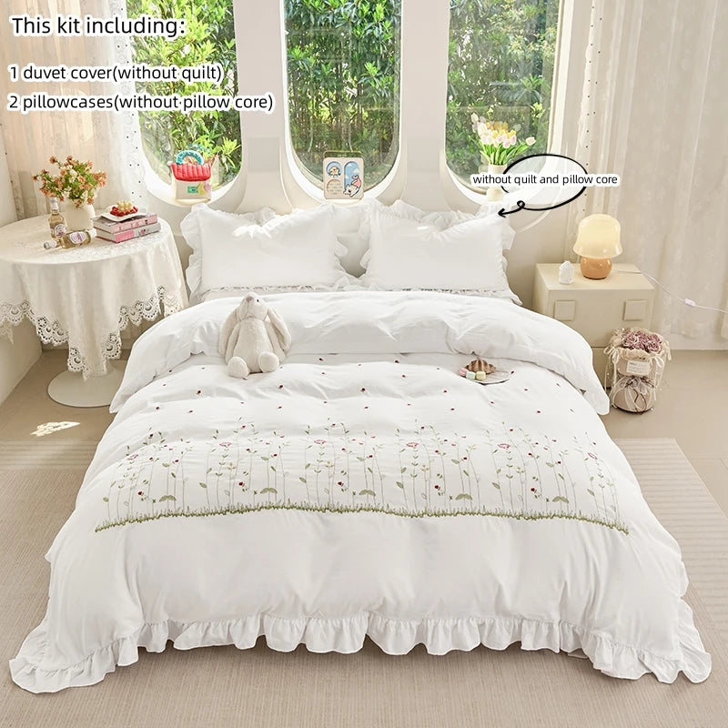 ensemble literie broderie florale blanc classique couvre lit taies oreiller 135x200cm 220x240cm