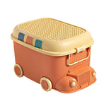 boîte rangement bus bleu beige orange jouets tapis moderne enfantin poignées dorées textures roues