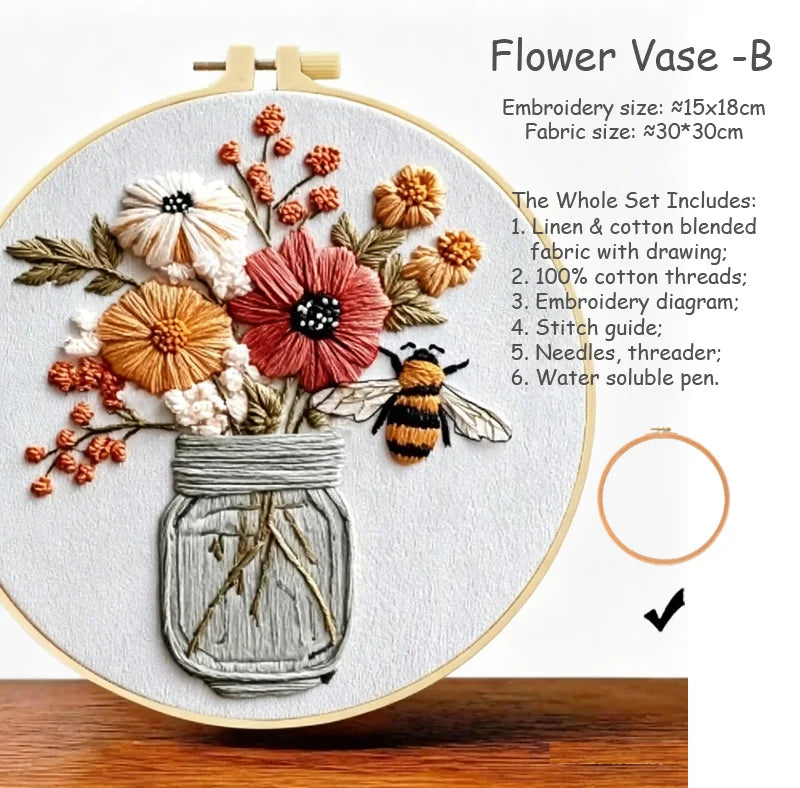 kit broderie fleurs vases multicolore traditionnel anneaux bois guide couture aiguilles fil coton