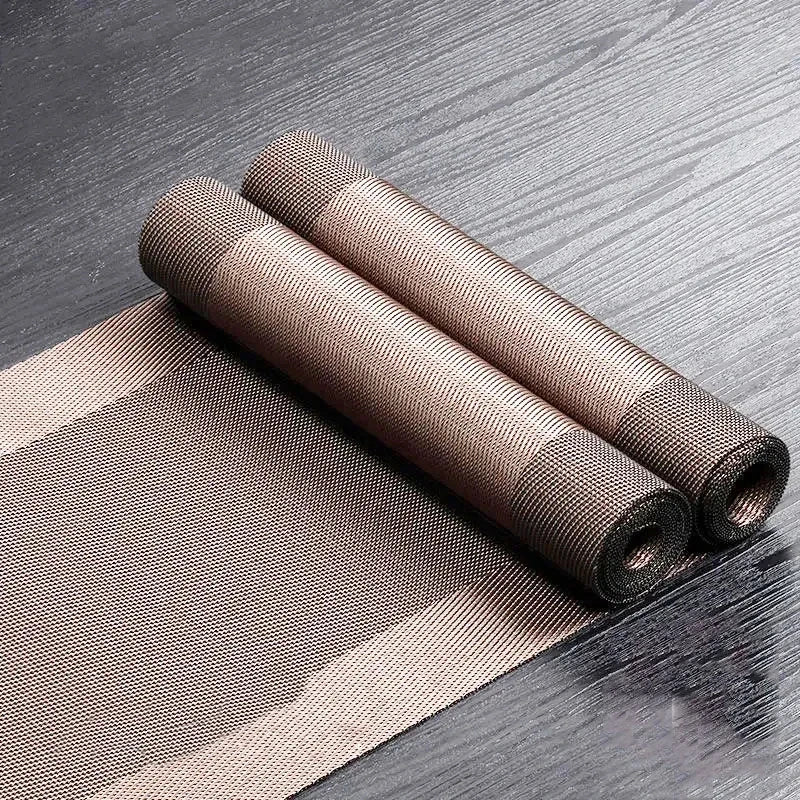 chemin table pvc moderne gris marron beige motif géométrique tissé semi transparent maison