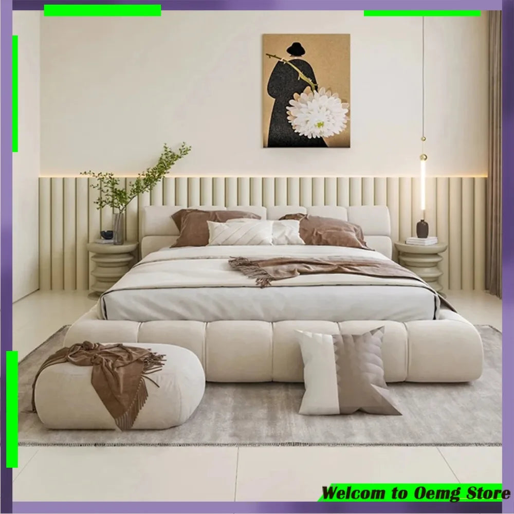 lit moderne minimaliste bois simili cuir beige clair rangement 180x200cm