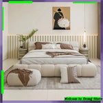 lit moderne minimaliste bois simili cuir beige clair rangement 180x200cm