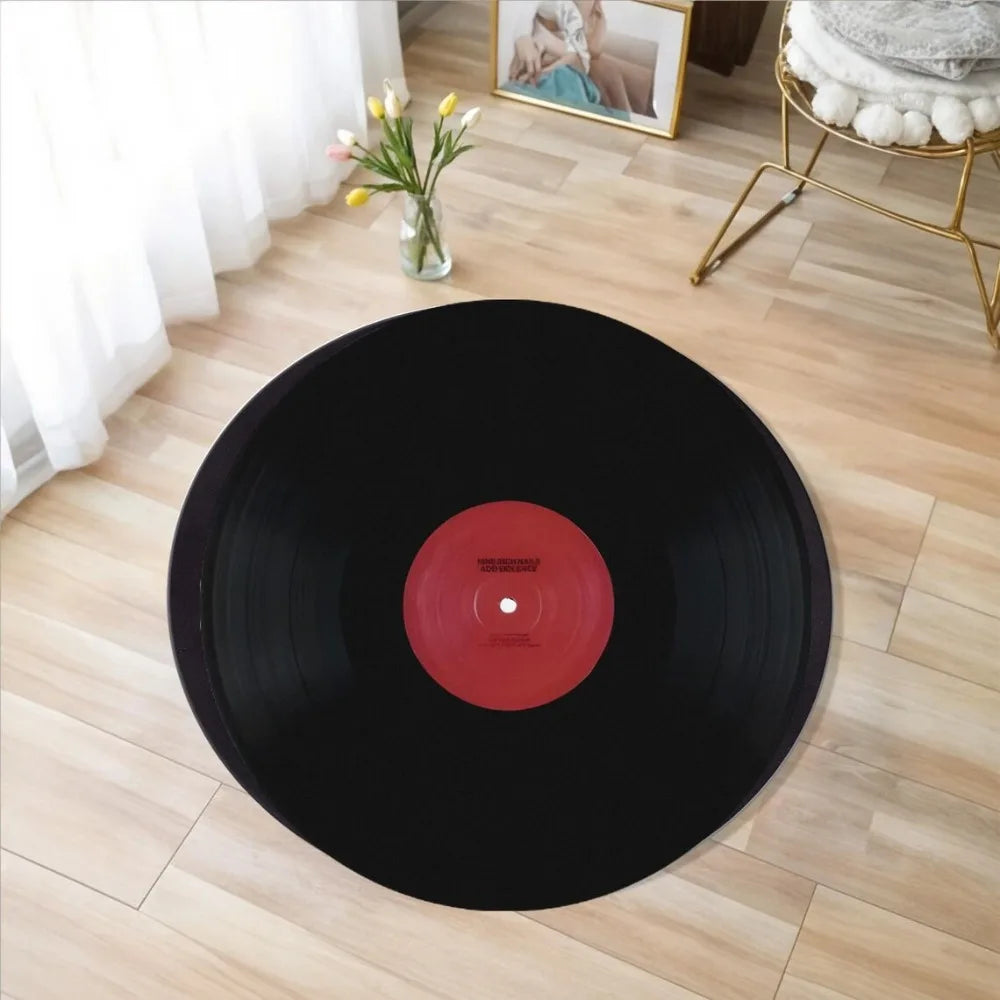 tapis rond moderne disque vinyle noir rouge multicolore salon chambre extérieur anti dérapant machine