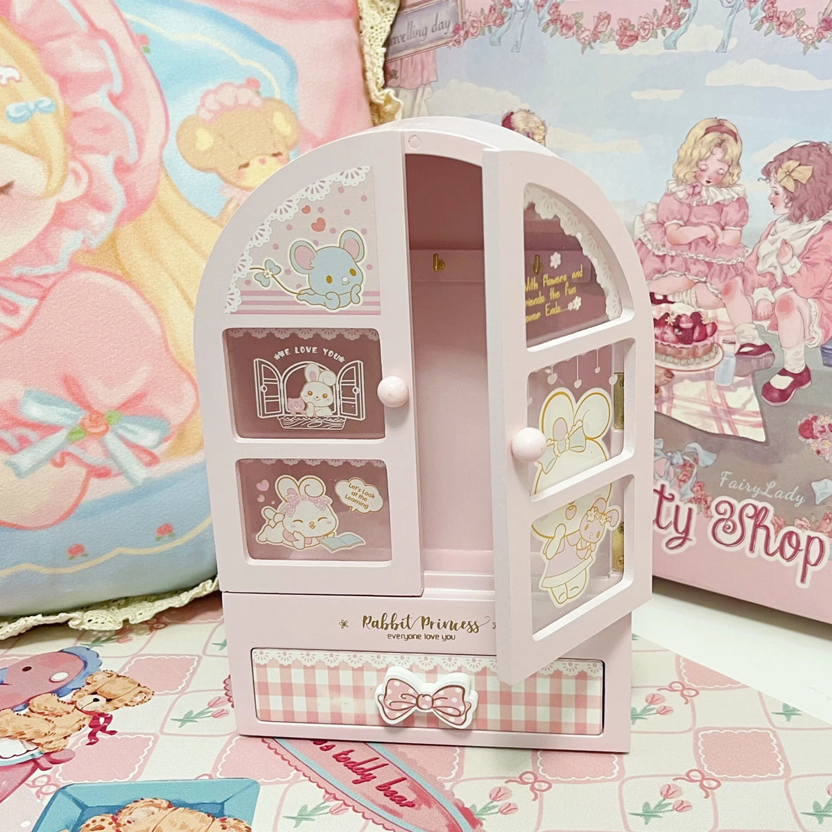 armoire bijoux kawaii enfantin boîte rangement bois rose pabbit princess blanc mignonne