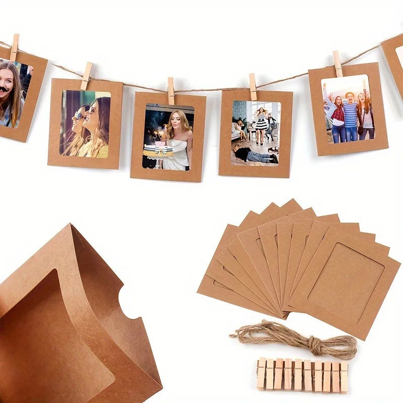 cadres photo carton rustique pinces suspension corde jute décoration murale blanc marron clair farmhouse