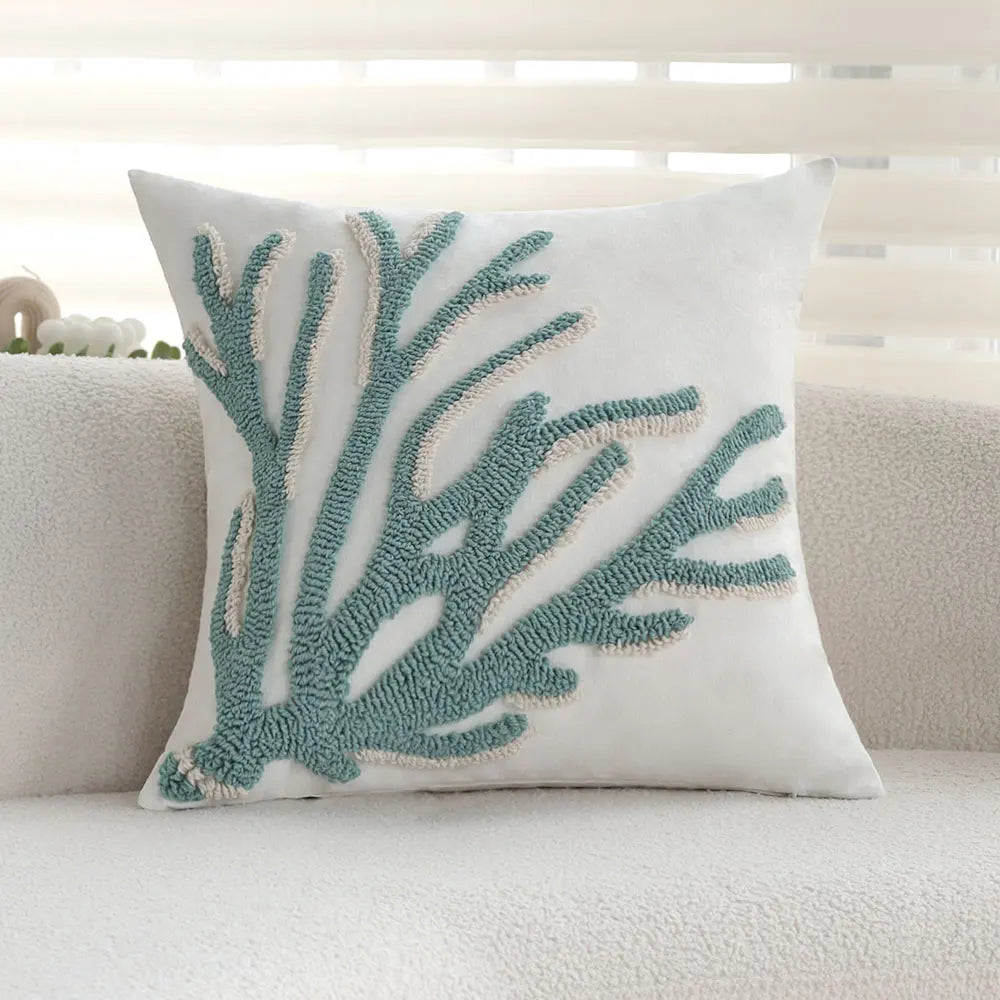 housse coussin carrée marin motif corail bleu 100% polyester blanc decoratif maison lit chaise