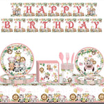 décoration anniversaire thème jungle animaux rose serviettes papier assiettes guirlande happy birthday nappe aquarelle