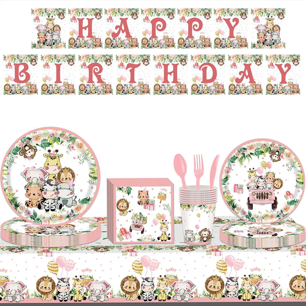 décoration anniversaire thème jungle animaux rose serviettes papier assiettes guirlande happy birthday nappe aquarelle