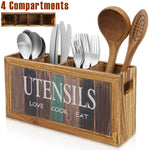 boîte ustensiles cuisine bois naturel rustique vintage compartiments blanc marron couteaux fourchettes cuillères spatules