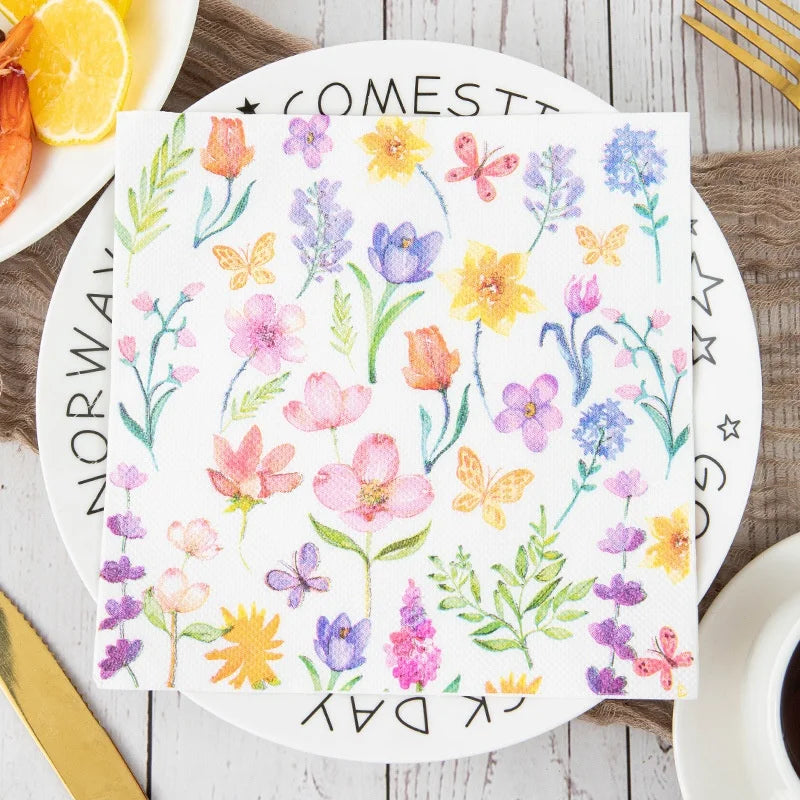 serviettes papier multicolores fleurs papillons illustration mariage anniversaire décoration table thé