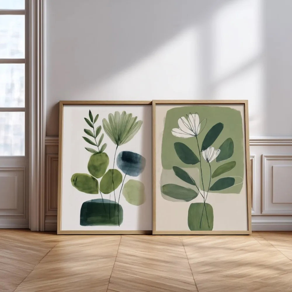 affiches abstraites modernes feuilles stylisées vertes blanches bleues sans cadre toile imprimée minimaliste set