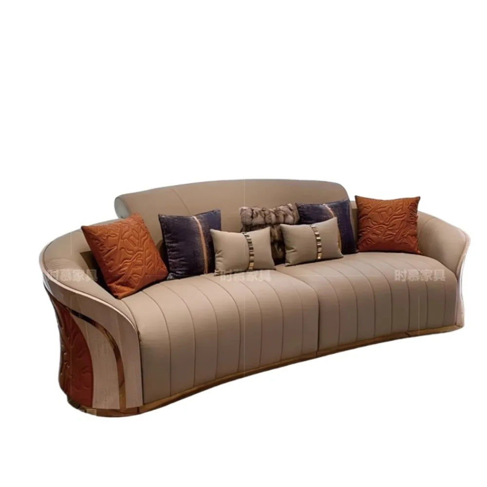 canapé moderne forme bois texturé coussins décoratifs beige orange bleu rose
