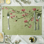 set table lin motif floral oiseaux vert beige blanc rose marron decoratif asiatique table