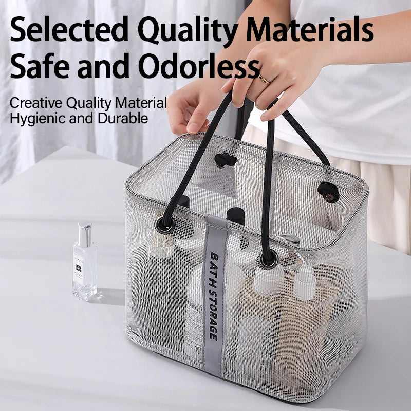 sac rangement transparent polyester maille fine moderne anneaux métalliques poignées bouteilles flacons produits toilette