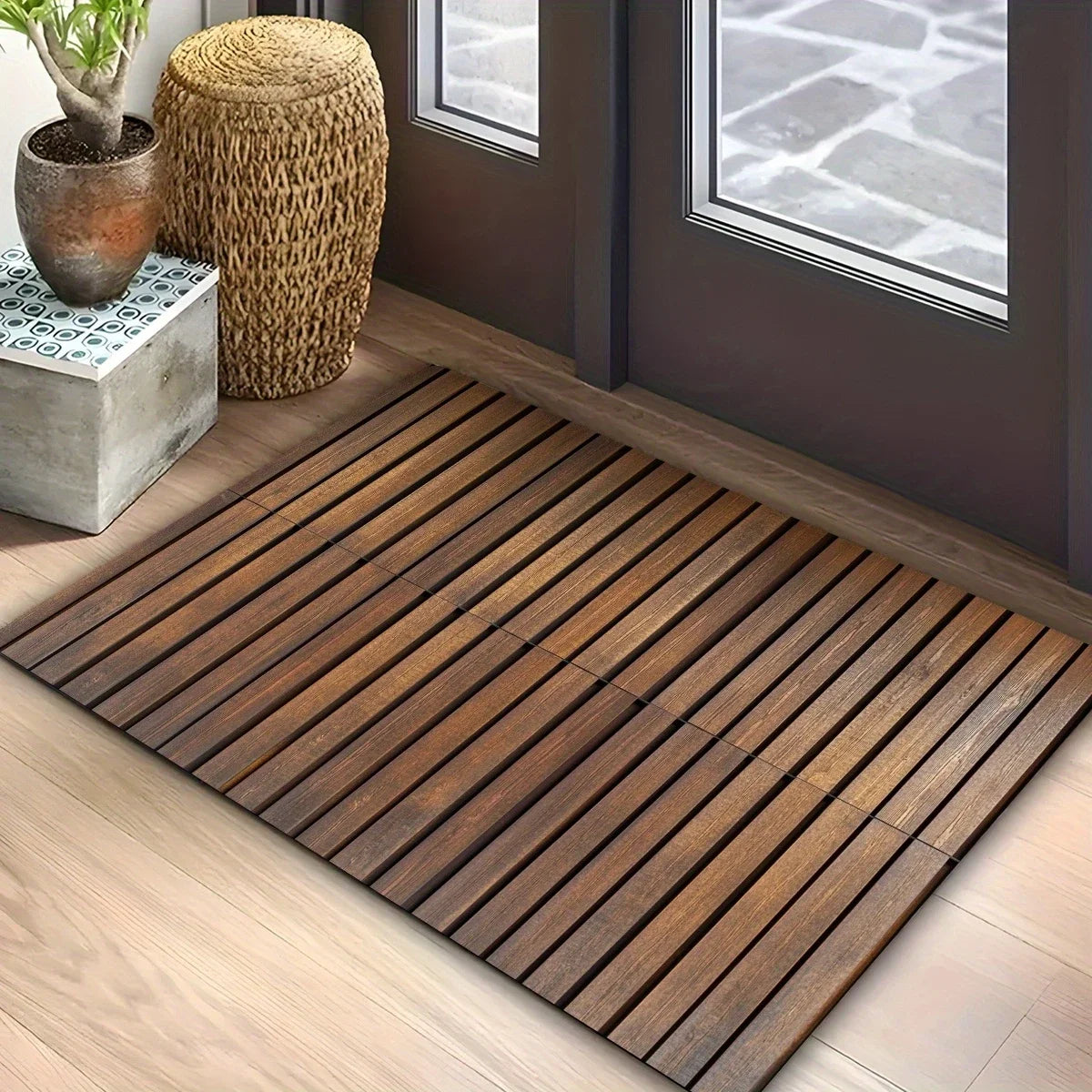 tapis sol antidérapant moderne brun rayures adhésif salle bain douche absorbant résistant saleté