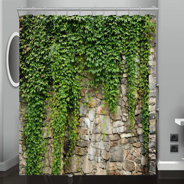 rideau douche polyester moderne feuilles vertes pierres grises opaque anneaux métalliques vert gris 180x180cm