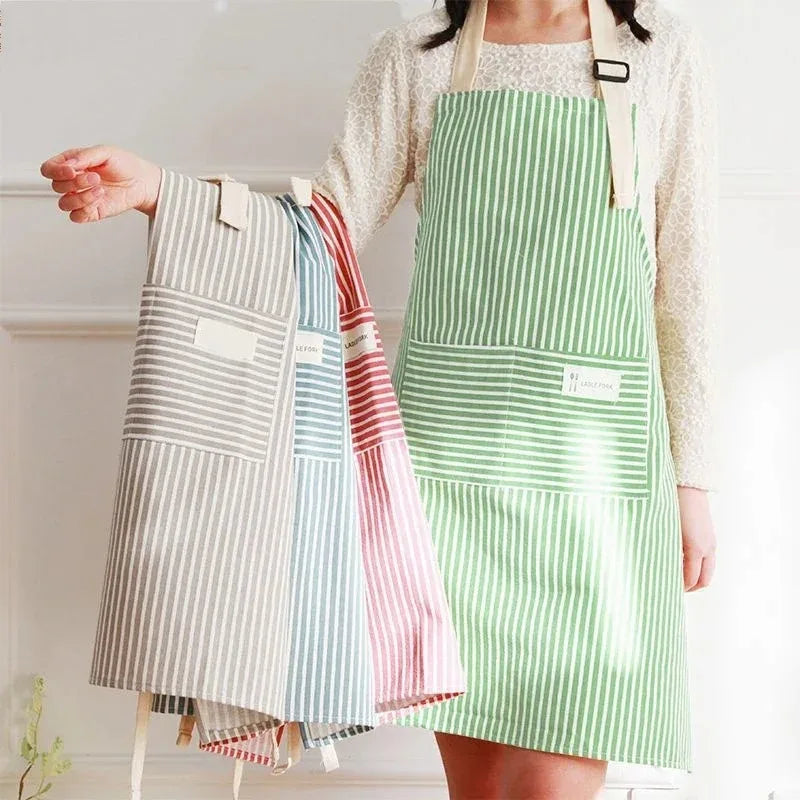 tablier cuisine coton rayures horizontales poche avant ceinture ajustable vert clair gris clair rose