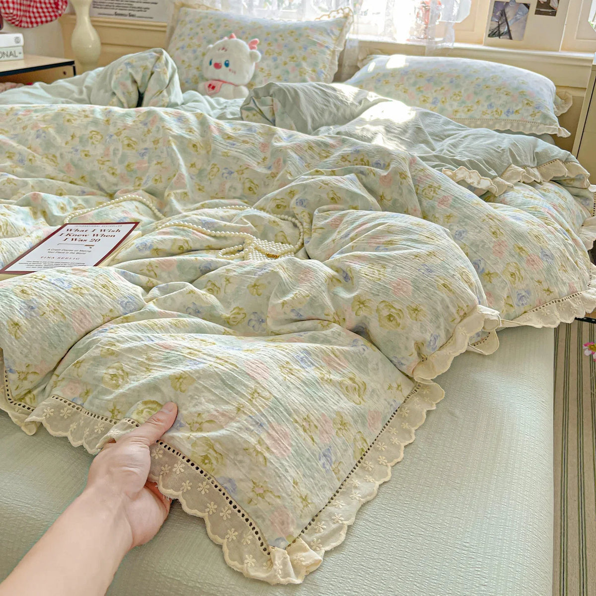 ensemble literie fleuri coton 100% blanc pastel romantique taies d'oreiller drap plat