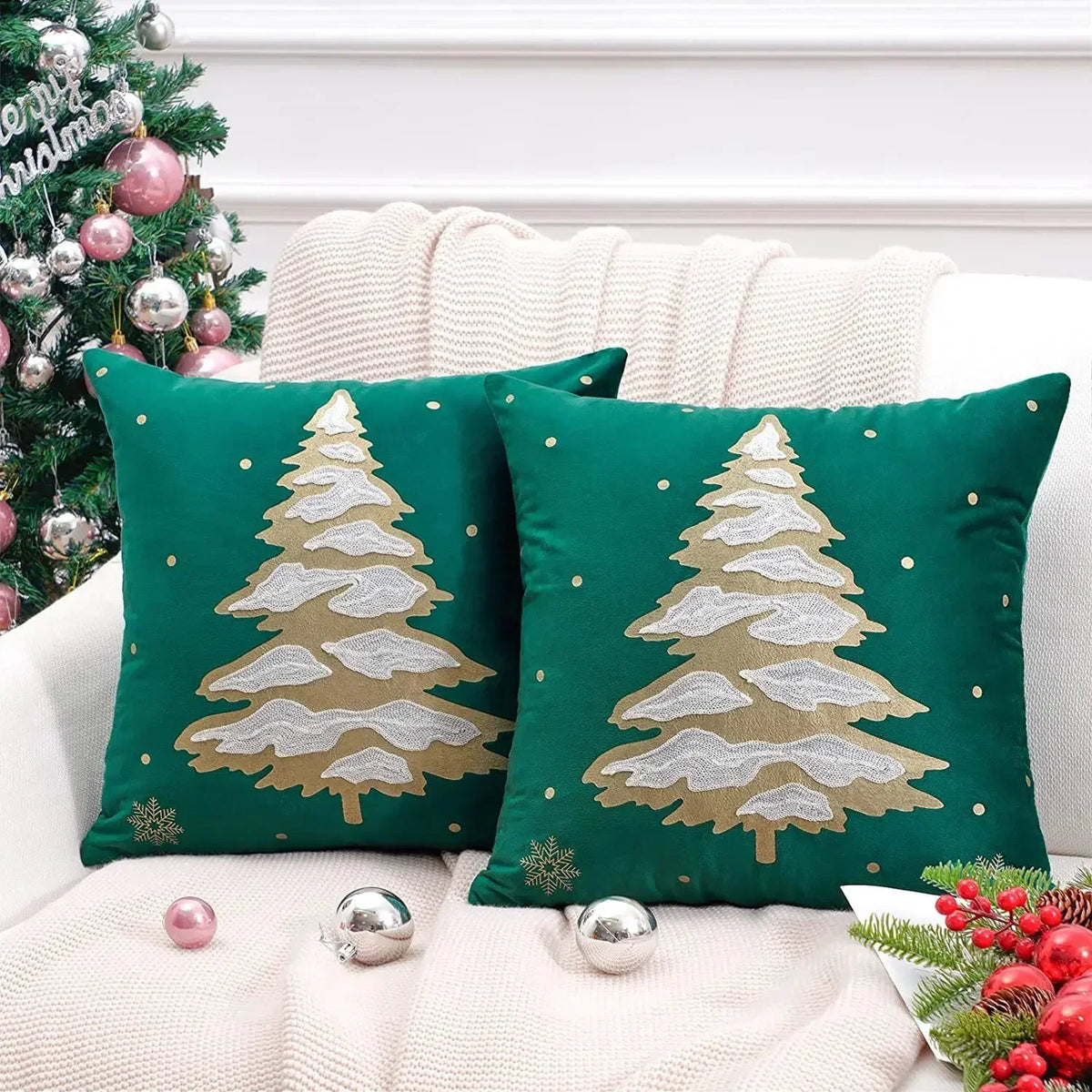 housse coussin velours noël arbre flocons good night rouge vert decoration carré tufted polyester