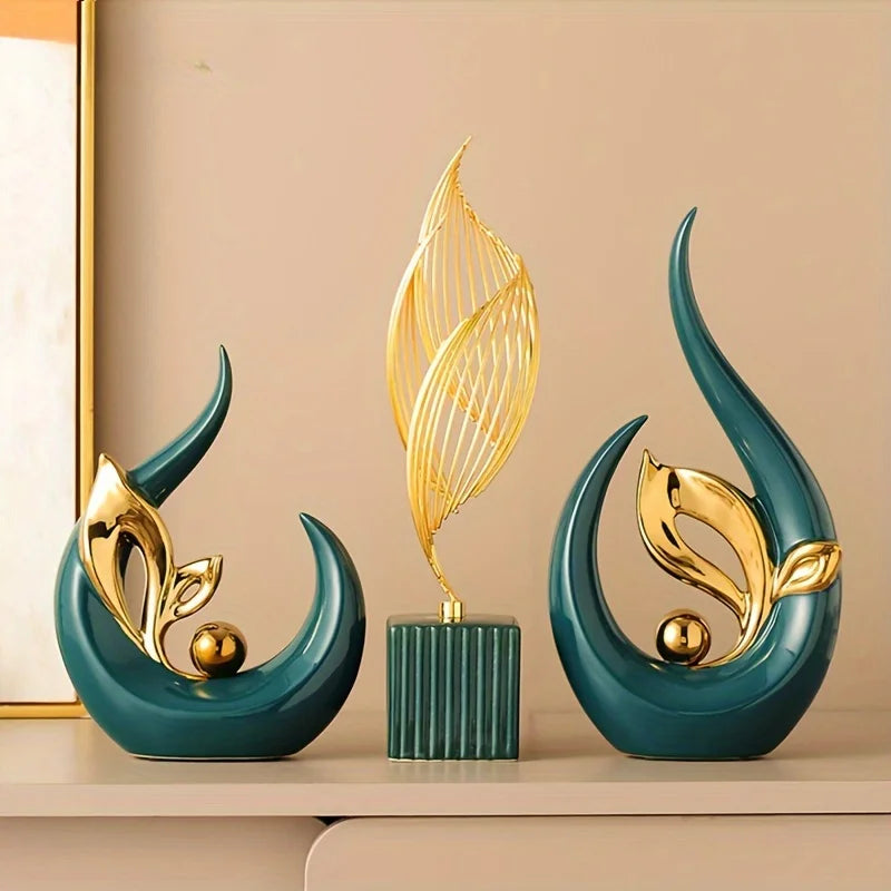 sculptures décoratives modernes feuilles stylisées couleurs or vert blanc artistiques salon