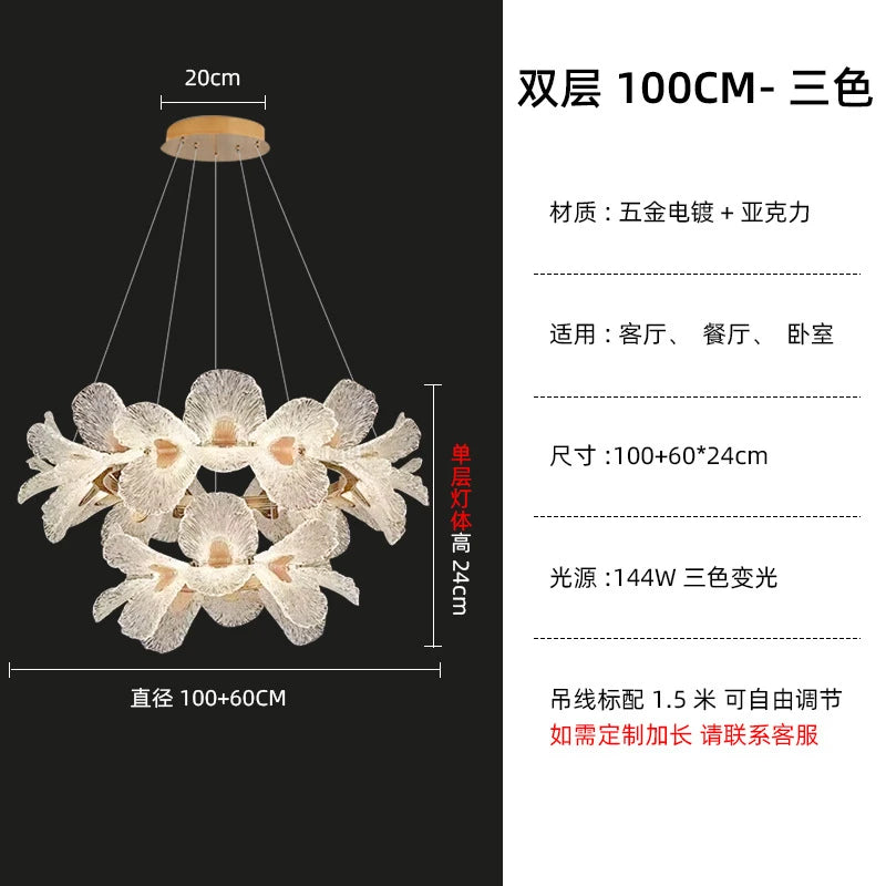 Suspension lumineuse moderne florale blanc doré LED câbles métalliques transparentes chambre salon