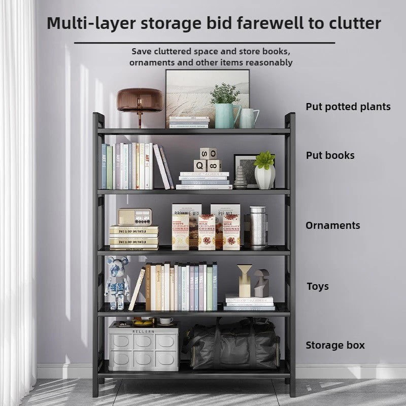 étagère rangement noire multifonctionnelle moderne acier inoxydable bambou réutilisable livres plantes