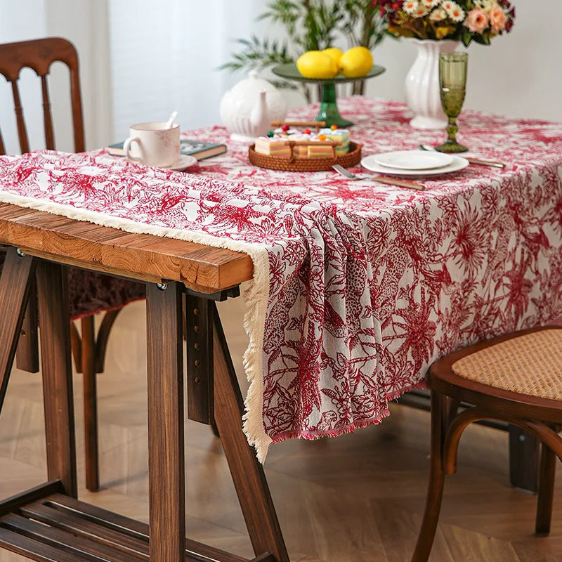 nappe imprimée florale oiseaux blanc rouge table dîner fête decoration table classicreuse machine été