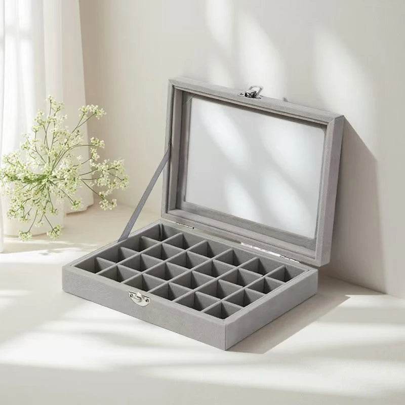 boîte bijoux velours rose moderne compartiments transparents cadenas 24 places