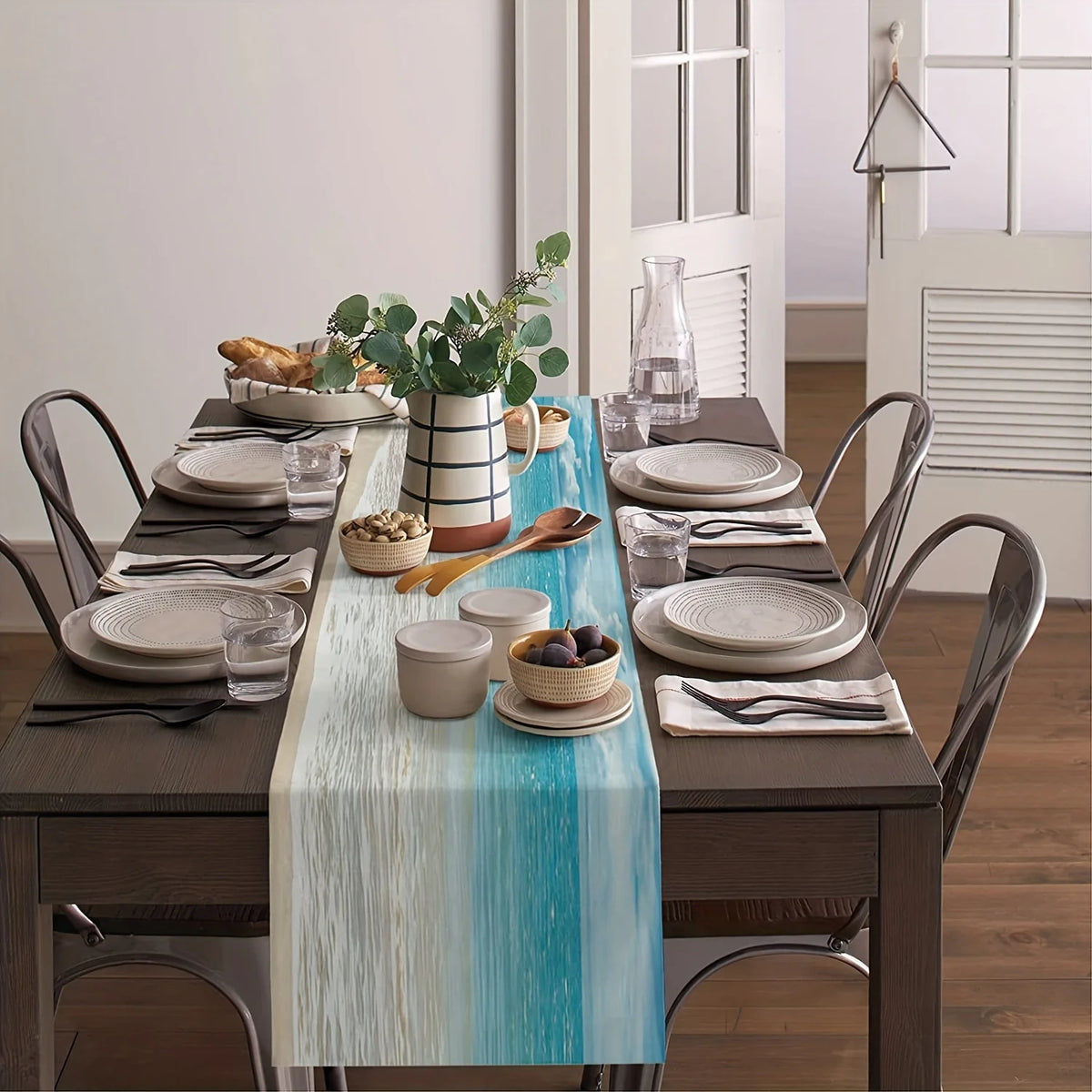 nappe deco moderne nappe polyestre bleu blanc sable plage minimaliste 30x45cm 90x45cm 150x45cm 180x45cm