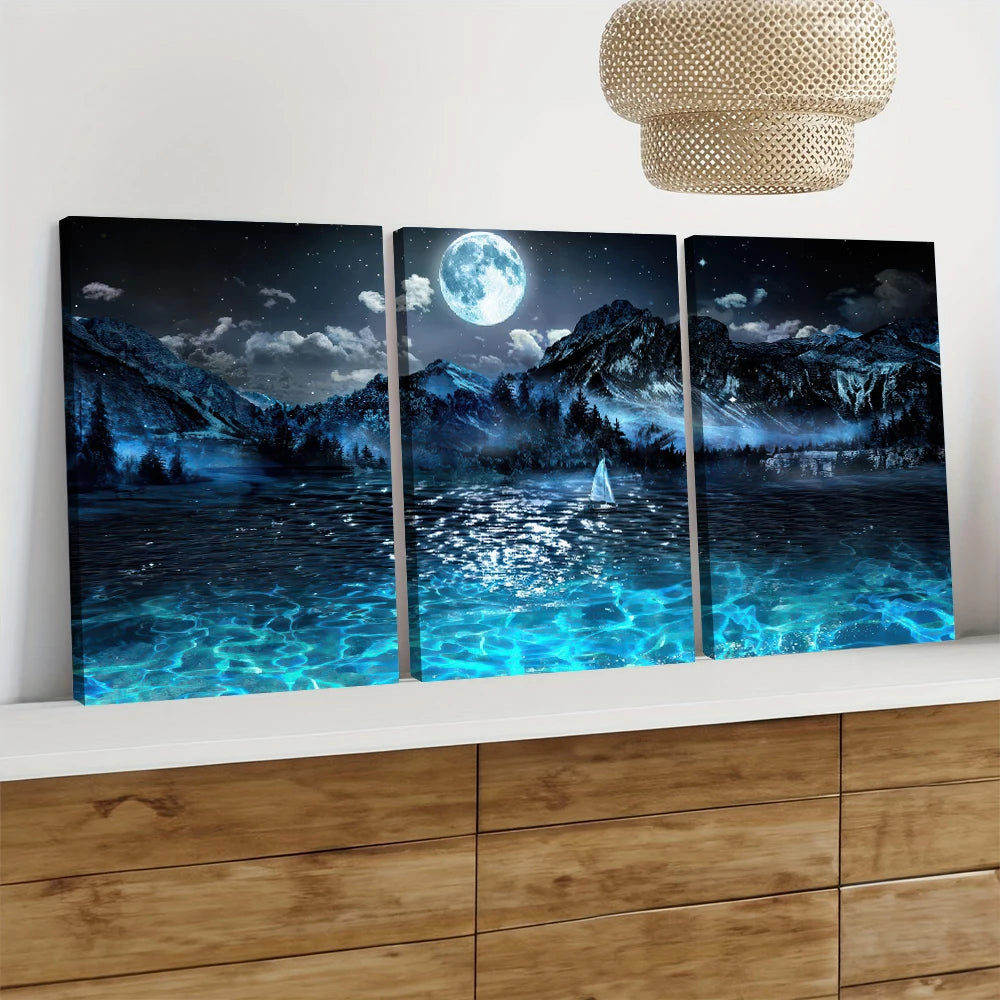 tableaux decoratifs toile paysage nuit montagnes lune moderne sans cadre bleu noir blanc gris
