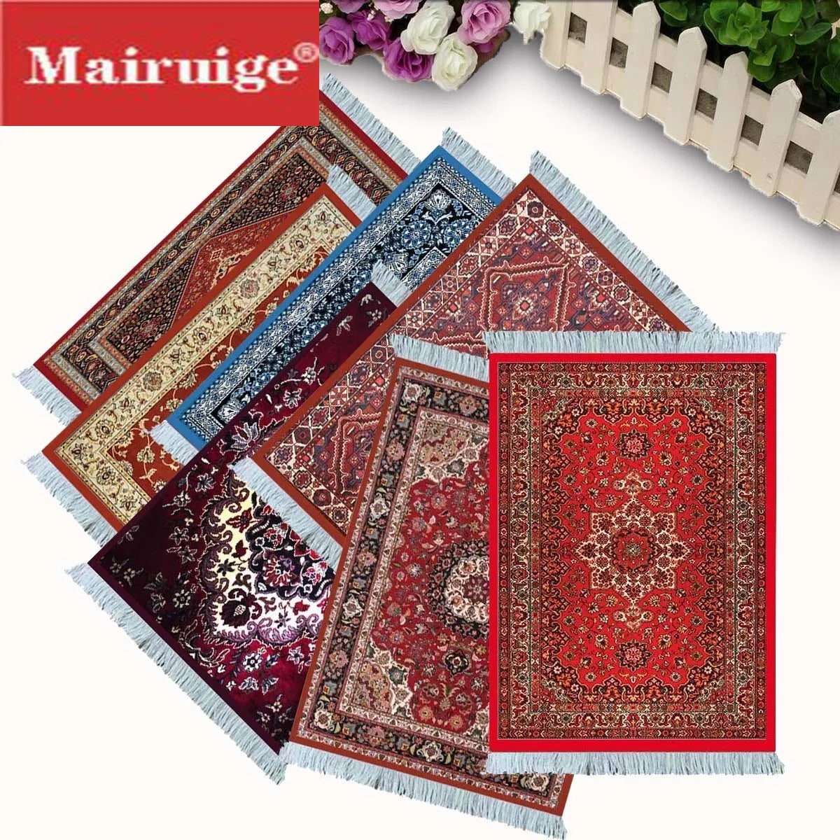 tapis persan franges ornements traditionnels rouge bleu noir beige marron classique sous verre gaming