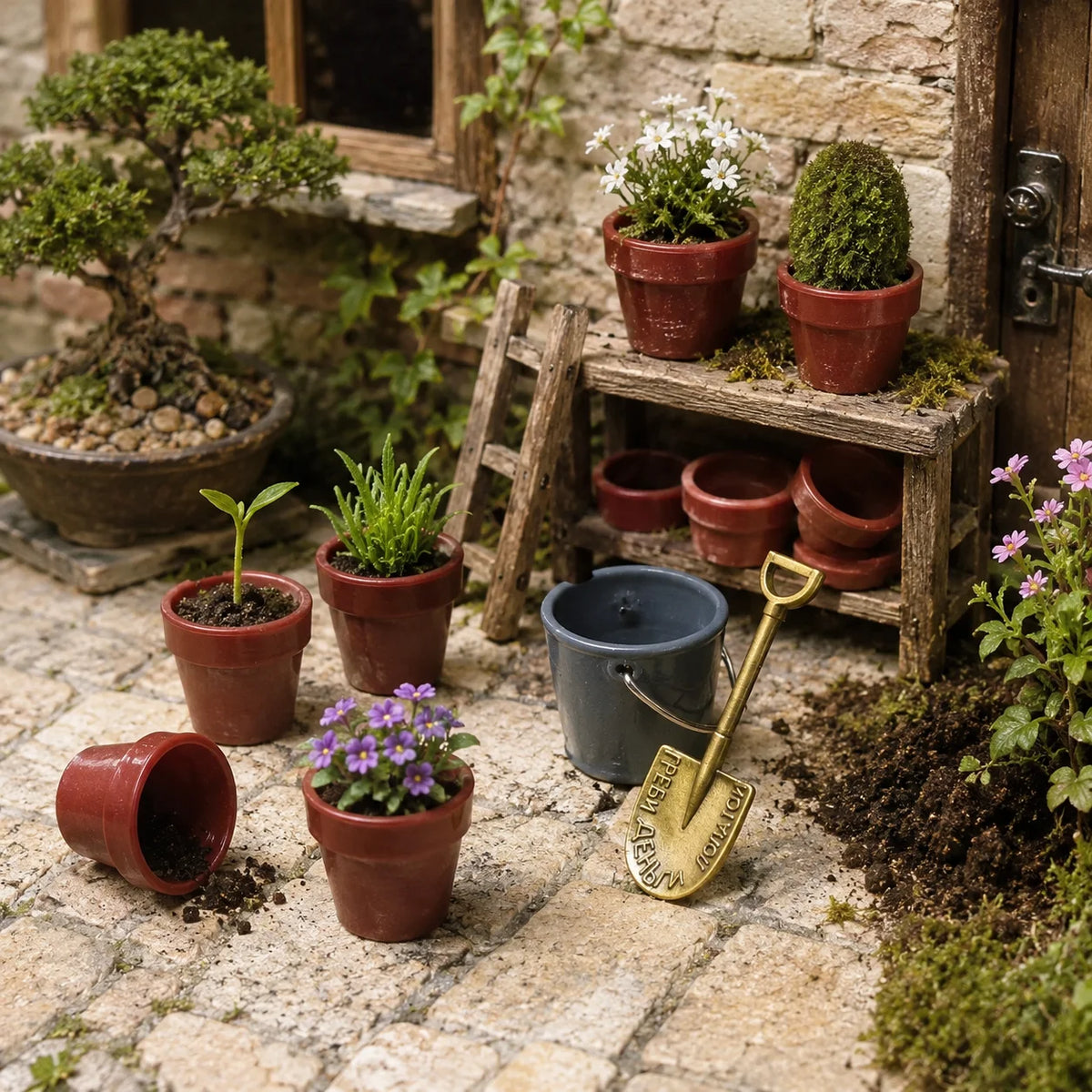 pots fleurs miniatures rouge orange bleu soucoupe pelle sac terreau éléments jardin miniature