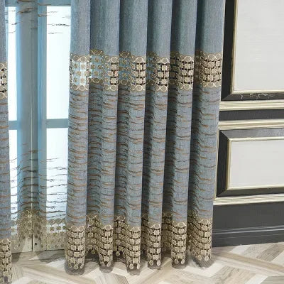 rideau bleu clair rayures dorées bordure ornée classique élégant transparent moderne