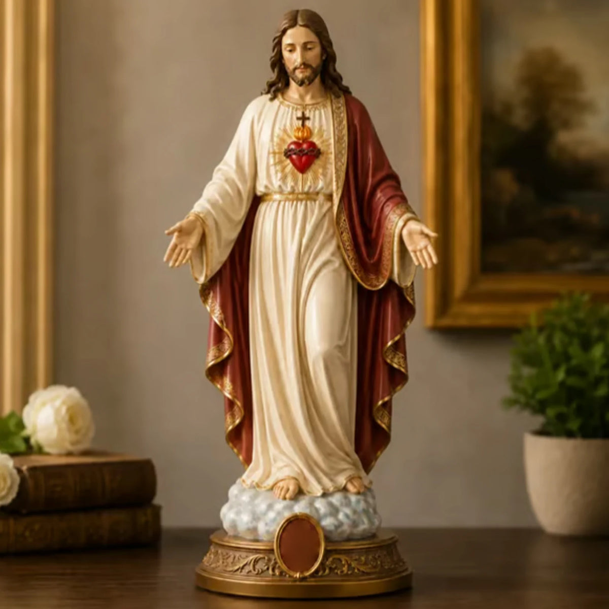 statue sacre coeur jesus resine dorée bras ouverts decoration maison religieuse 18cm