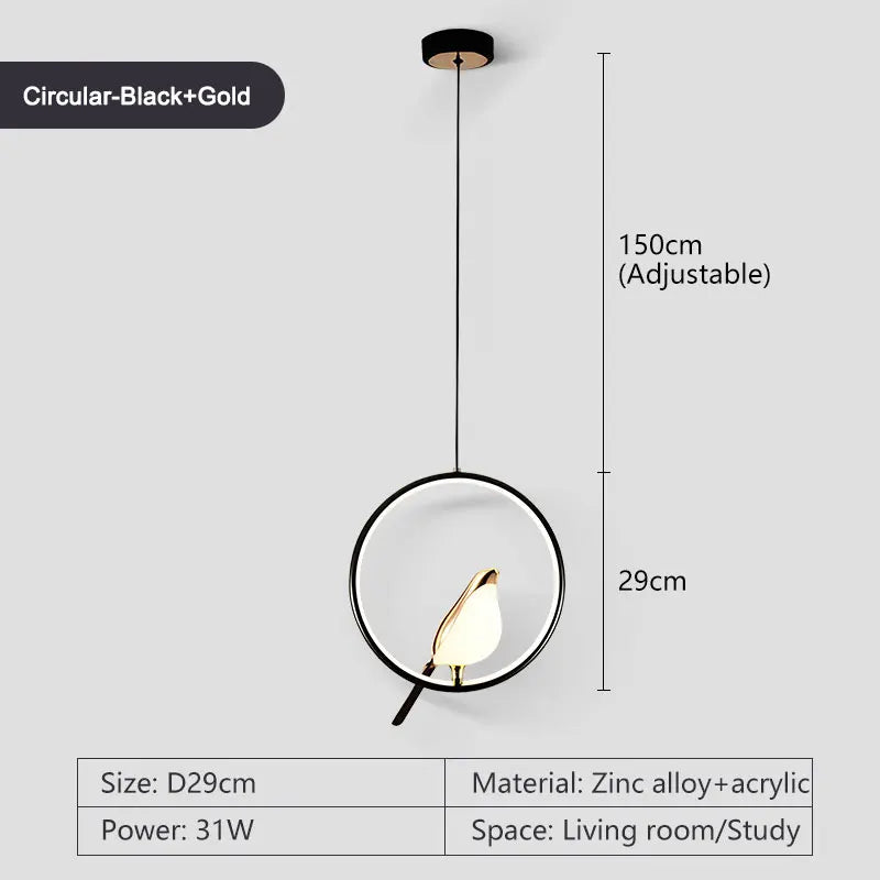 Suspension lumineuse ovale contemporaine oiseau noir doré salon chambre
