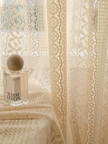 rideau tulle beige clair motif géométrique vintage bohème japonais semi transparent salon maison