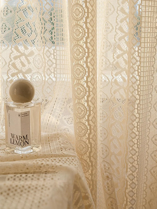 rideau tulle beige clair motif géométrique vintage bohème japonais semi transparent salon maison