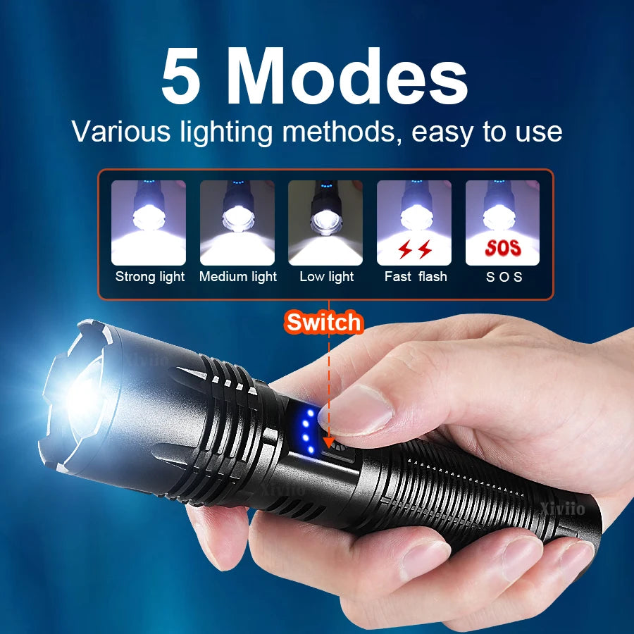 lampe torche led rechargeable 18650 batterie mode stroboscope éclairage bleu tactique robuste
