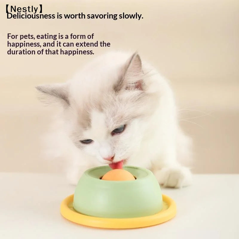 bol nourriture chat blanc jaune vert moderne fun rond lisse sans fixation interactive friandise