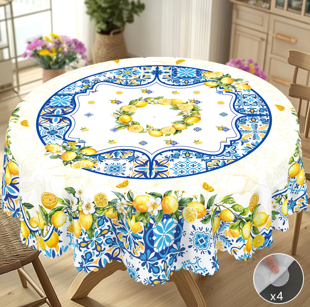 nappe imperméable motif floral citrons table d'été blanche verte extérieure mariage festives clips