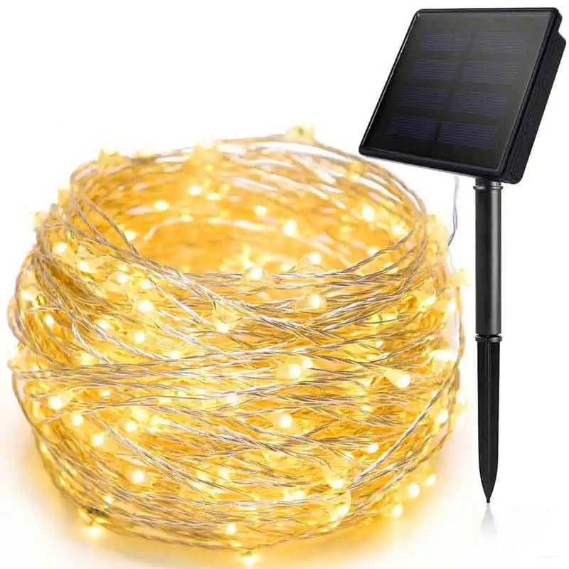 guirlande lumineuse solaire 100 led filament cuivre blanc chaud moderne