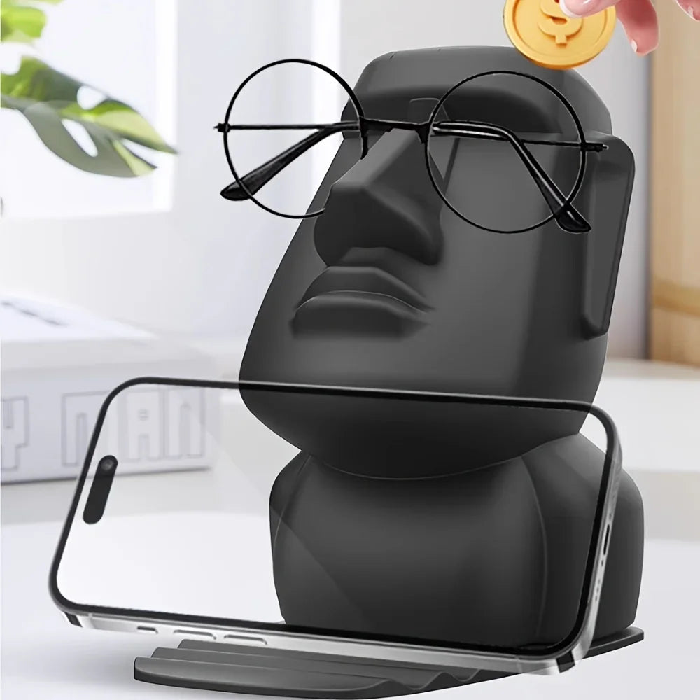 support téléphone sculpture moai noir lunettes rondes vase blanc éléments decoratif original minimaliste
