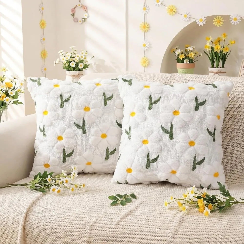 housses coussin brodées marguerite faux fourrage blanc rose vert dimensions 45x45cm 30x50cm 40x40cm decoration
