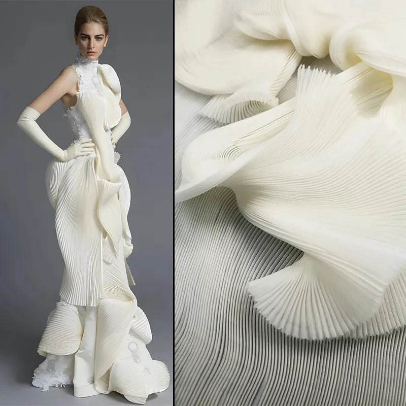 tissu polyester blanc rayures verticales robe soirée élégante jupe plissée manches longues haute couture